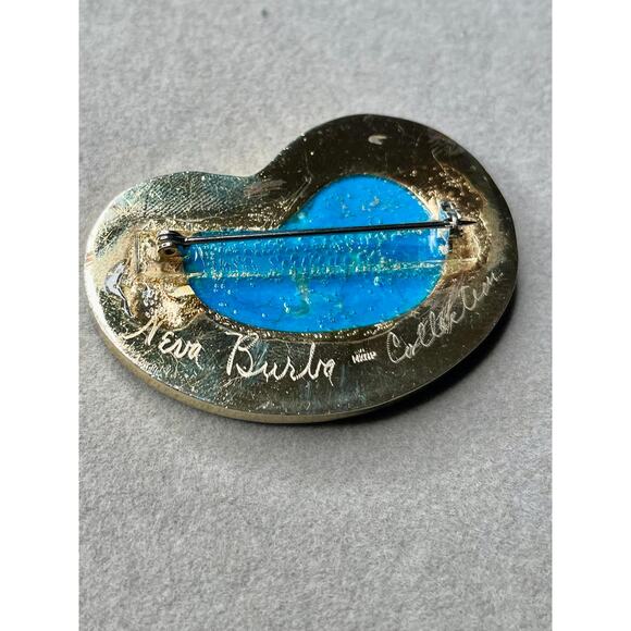 Neva Burba Blue Howlite 14K GP Brooch Vintage 80s Modernist - Picture 2 of 6